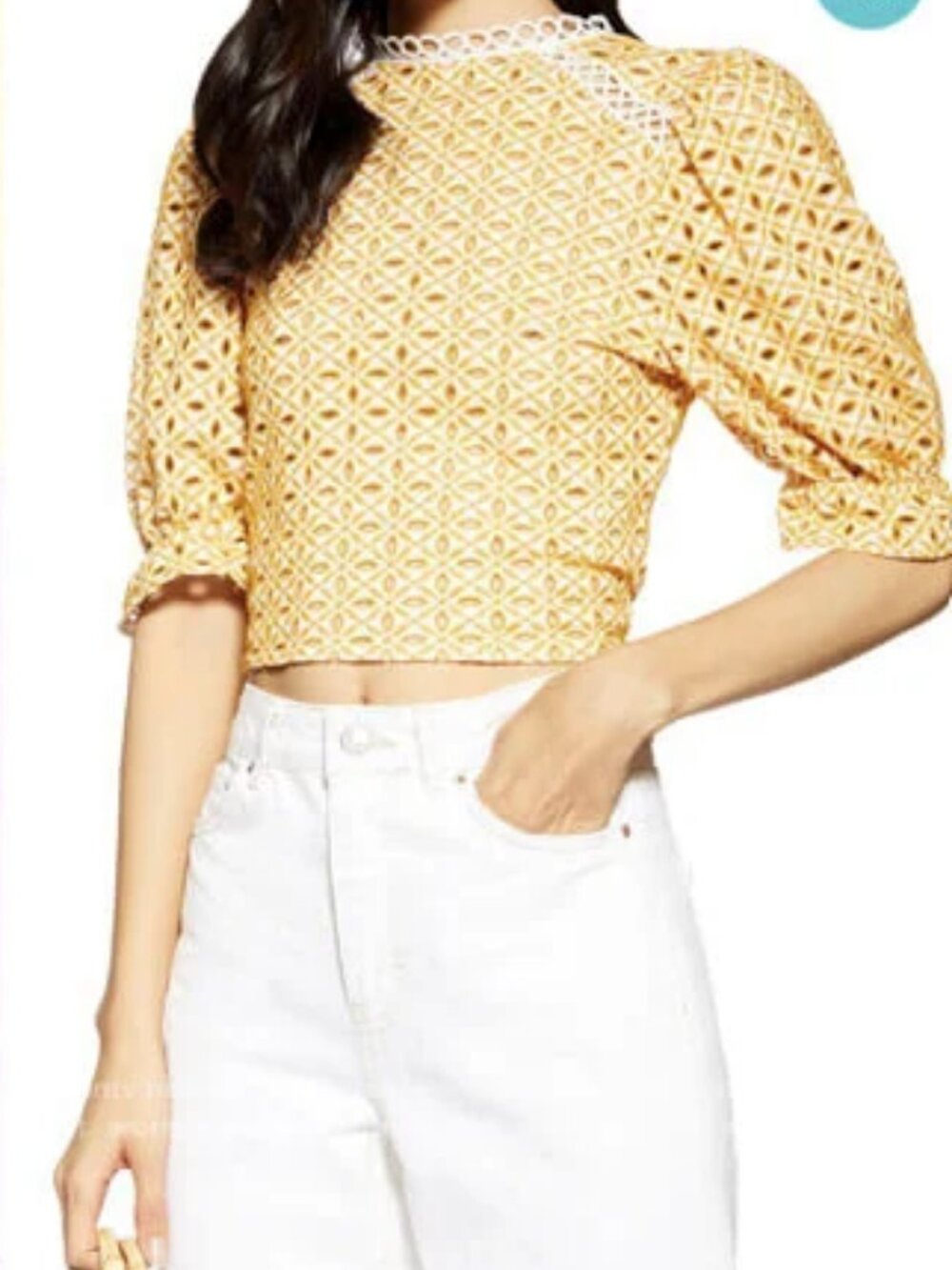 Topshop Broderie Eyelet Tie Back Crop Top Mustard Yellow US 4